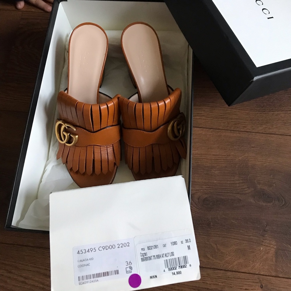 Gucci Marmont Heels. Camel color with Gold GG logo.